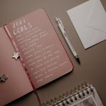 A flat lay image of an open journal with 2021 goals, pen, and envelope on a brown background.